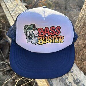 Vintage Bass Buster Fishing Cap Navy Trucker Hat BFG Size S/M Taiwan R.O.C.